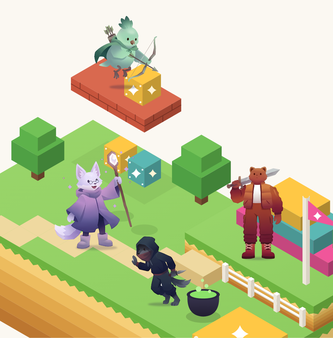 Pixel Spell's island, with the fox, cat, wolf and bird