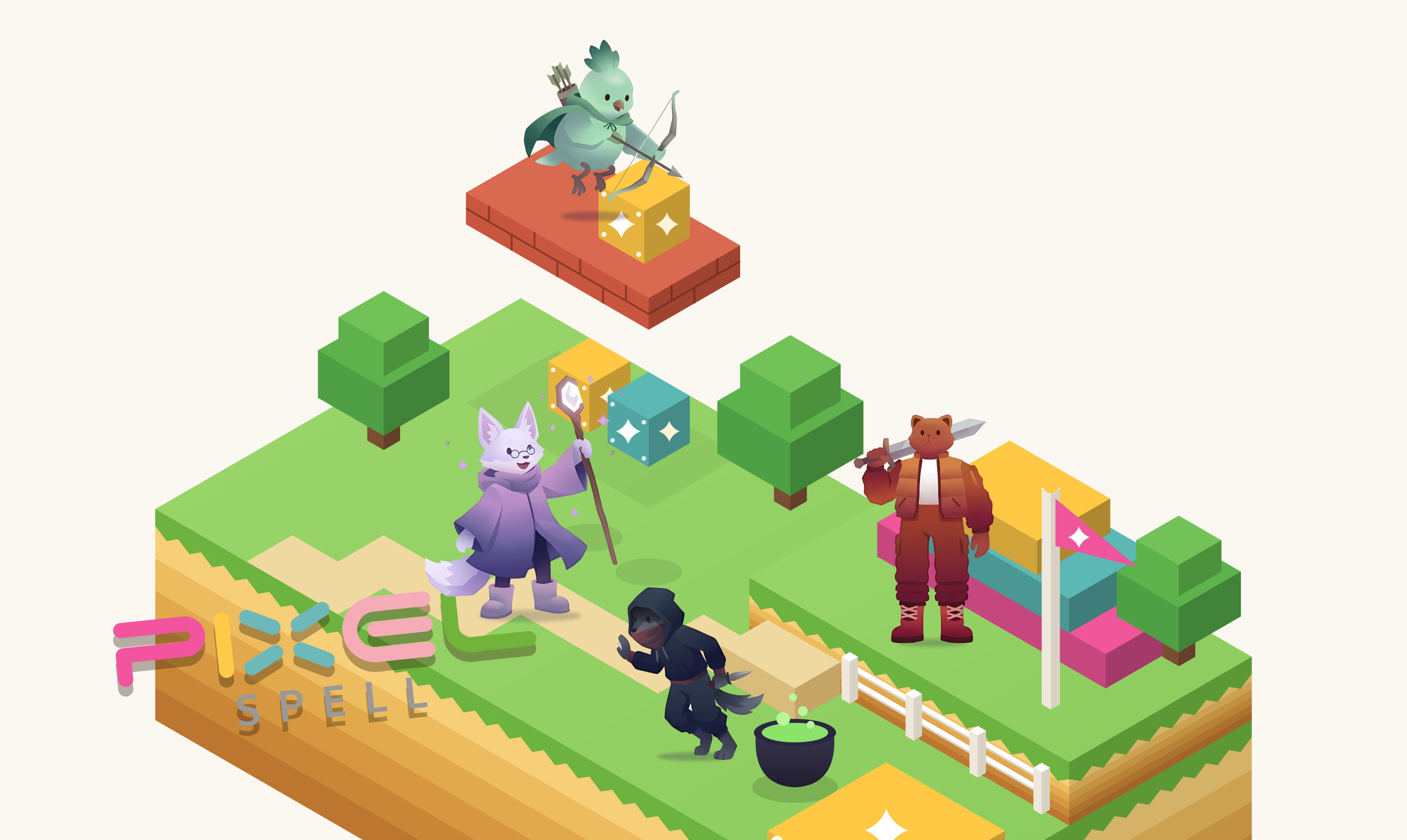Pixel Spell's island, with the fox, cat, wolf and bird