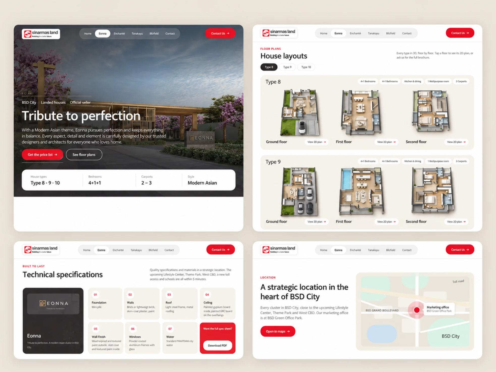 Four cluster pages: the Eonna hero, house layouts in 3D, technical specifications and the location in BSD City
