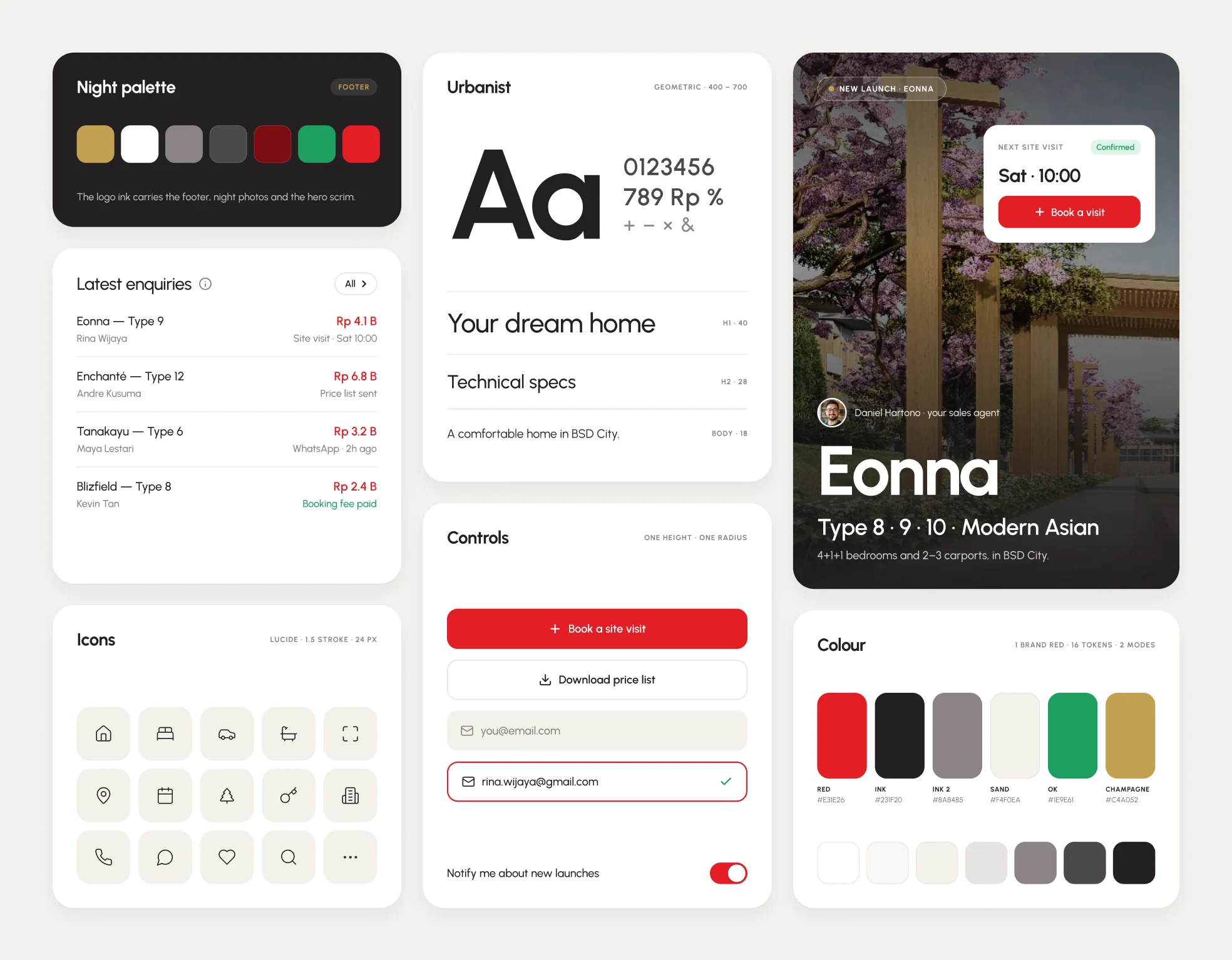 The design system: the night palette, latest enquiries, icons, the Urbanist type, controls, an Eonna card and colours