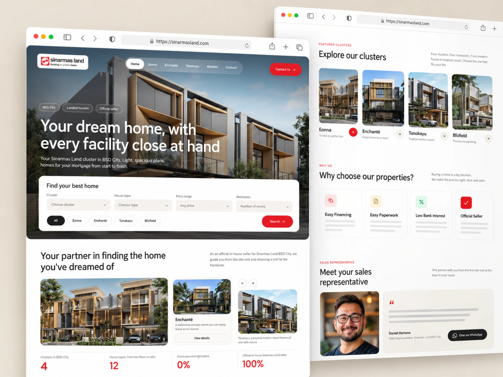 Two browser windows: the home page with the clusters and the sales agent, and the reasons to buy