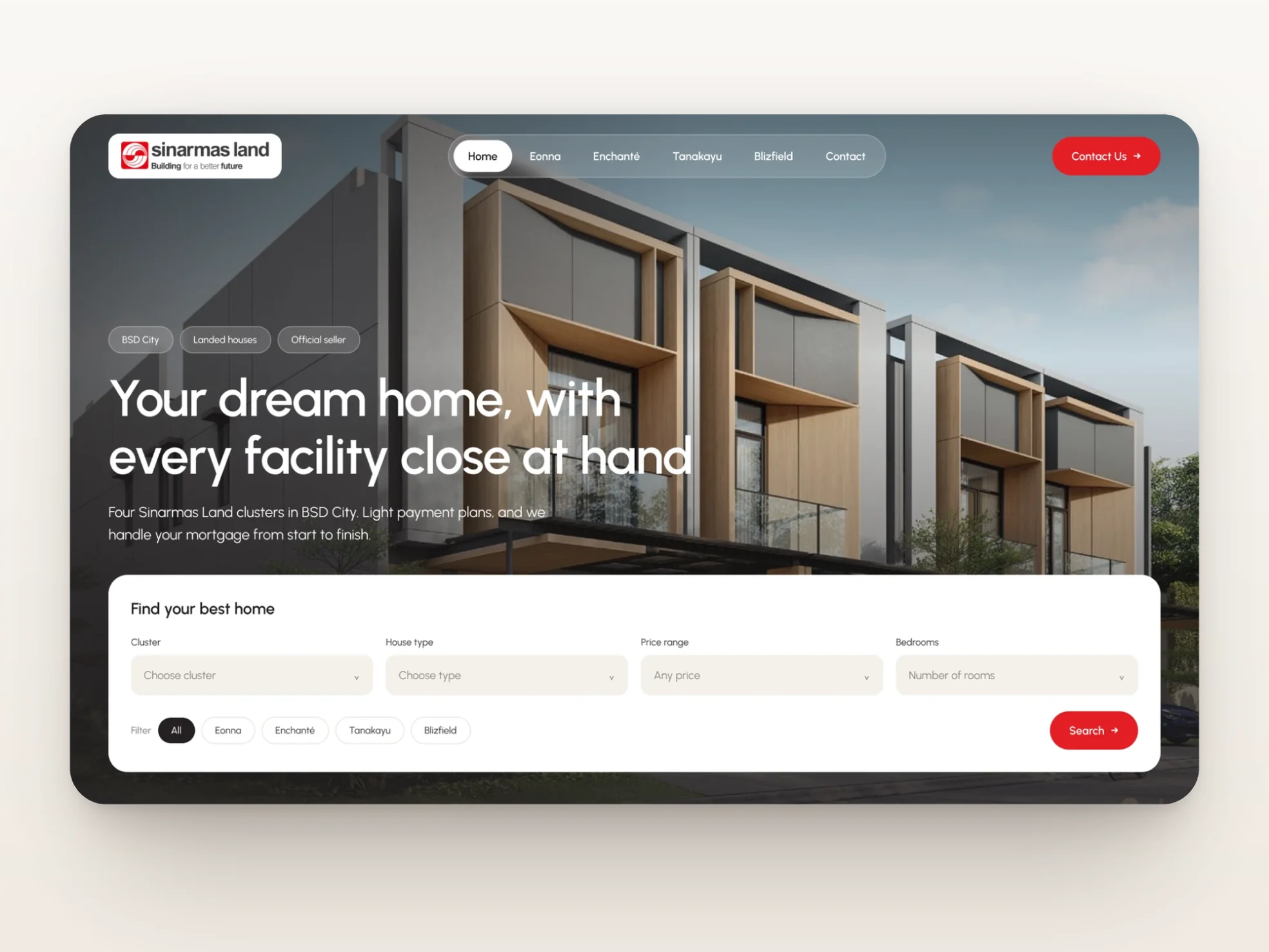 The home page hero on a tablet: “Your dream home, with every facility close at hand” and the search card