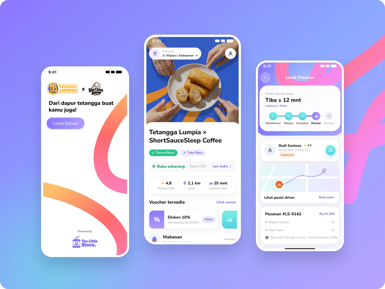Three Little Store screens on phones: the Tetangga Lumpia splash, the store home and tracking the driver