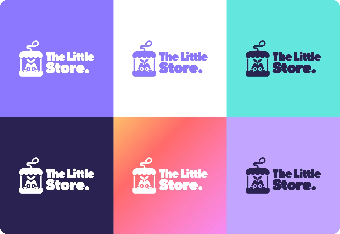 The logo on six colours: violet, white, teal, deep navy, a sunset gradient and lilac