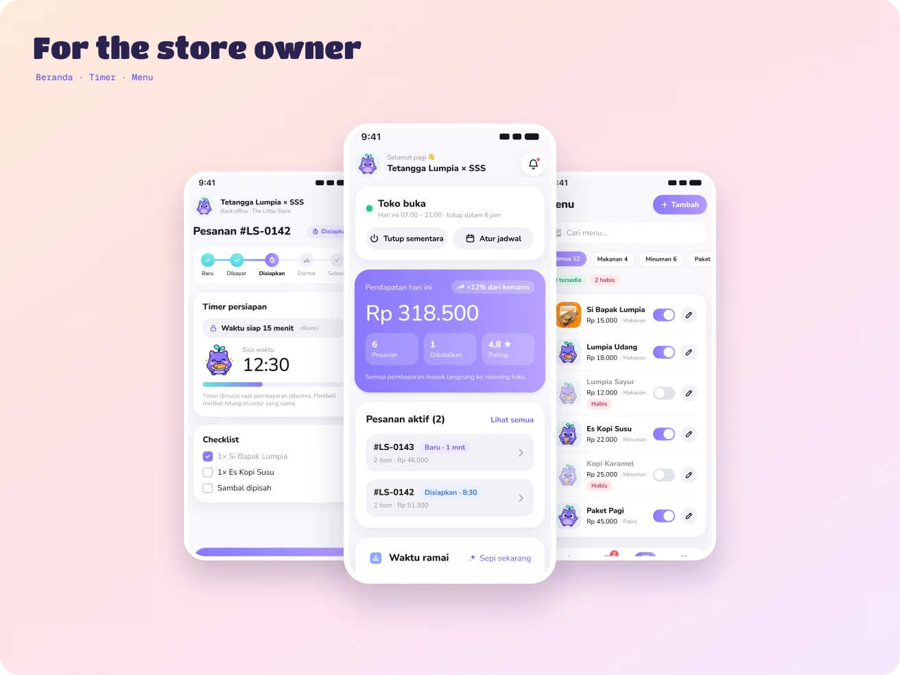 For the store owner: the prep timer, the home screen with today's earnings and the menu