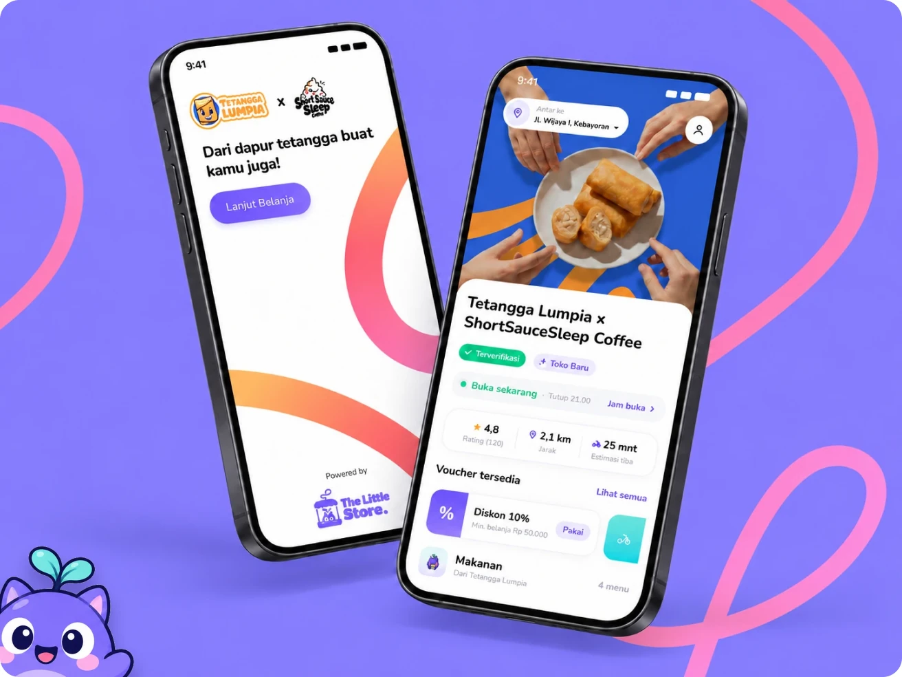 Two tilted phones with the splash screen and the store home, and the sprout-cat peeking in