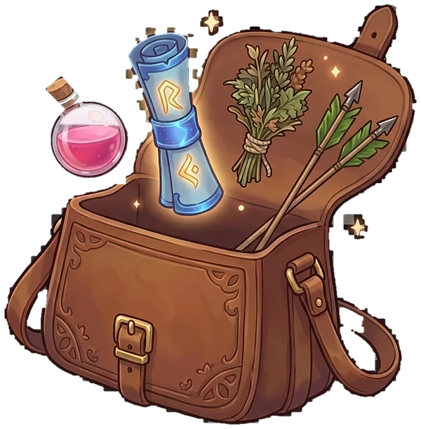Item Shop: an adventurer's bag with a potion, a scroll, herbs and arrows popping out